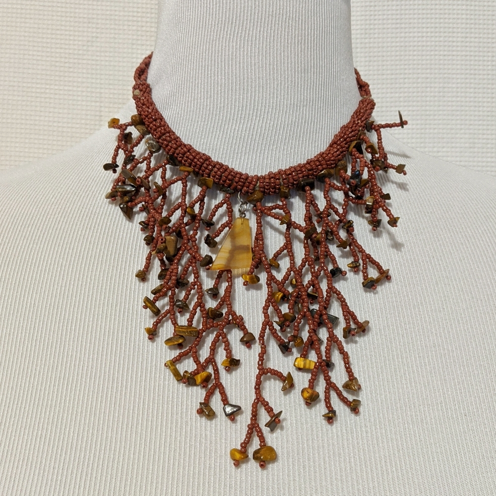Tiger's Eye Jasper and Red Seed Bead Boho Necklace